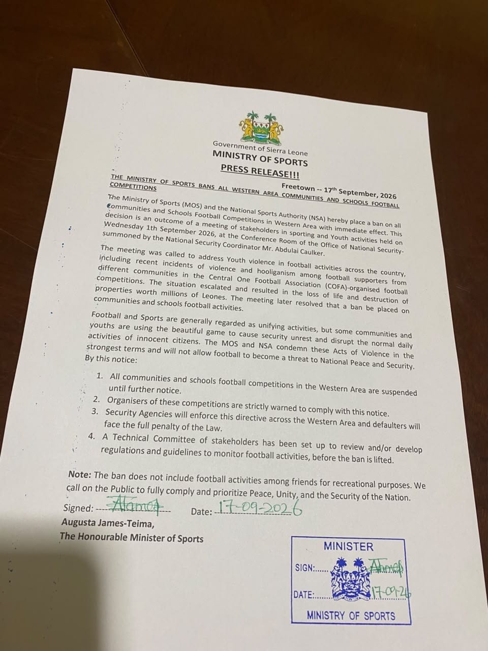 Sports Ministry Suspends Western Area Football Competitions