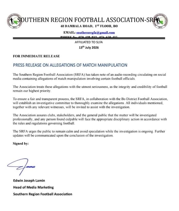 Bo District Football Referees Association Suspends Referee Instructor Indefinitely