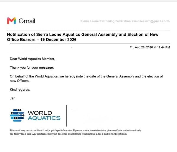 World Aquatics Acknowledges Sierra Leone Aquatics Elective Congress Set for December 19